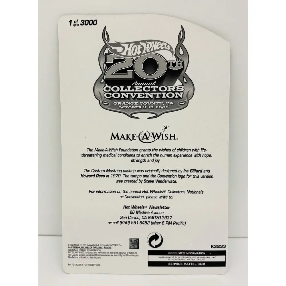 Hot Wheels 2006 Make A Wish Custom Mustang 20th Collectors Convention New